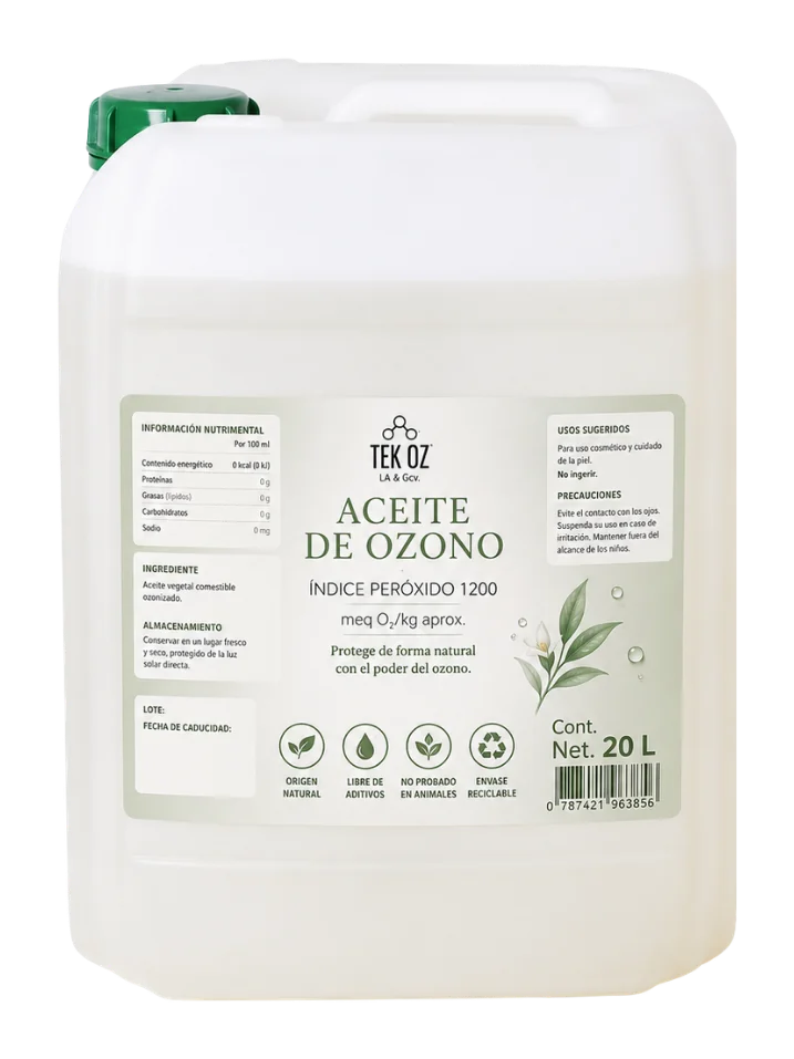 Bidón de 20 litros de Aceite de Ozono TEKOZ, envase blanco con tapa verde y etiqueta verde con índice de peróxido 1200.