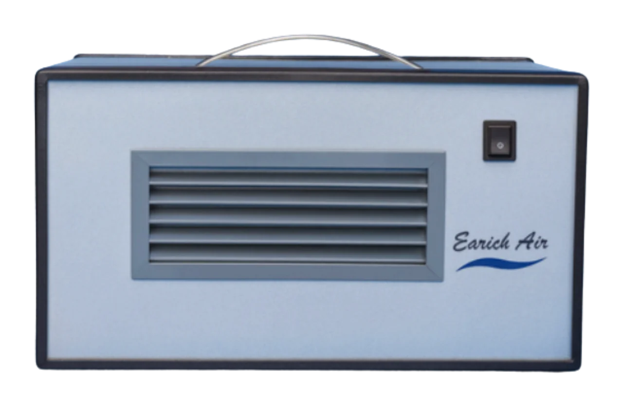 Purificador de aire portátil Earich Air de TEKOZ, gabinete azul claro con asa metálica, rejilla frontal e interruptor de encendido.