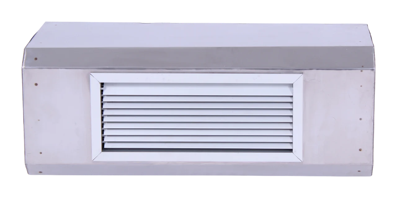 Purificador de ductos Fortín de TEKOZ, módulo rectangular de lámina gris con rejilla frontal para instalarse en ductos de aire acondicionado.